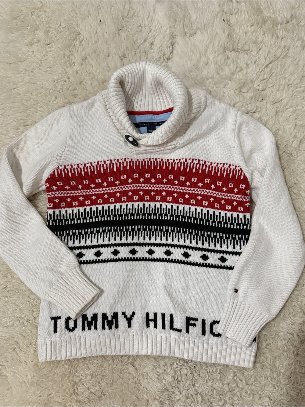 Tommy Hilfiger Boys White Sweater with Red and Black Fair Isle Panel 7